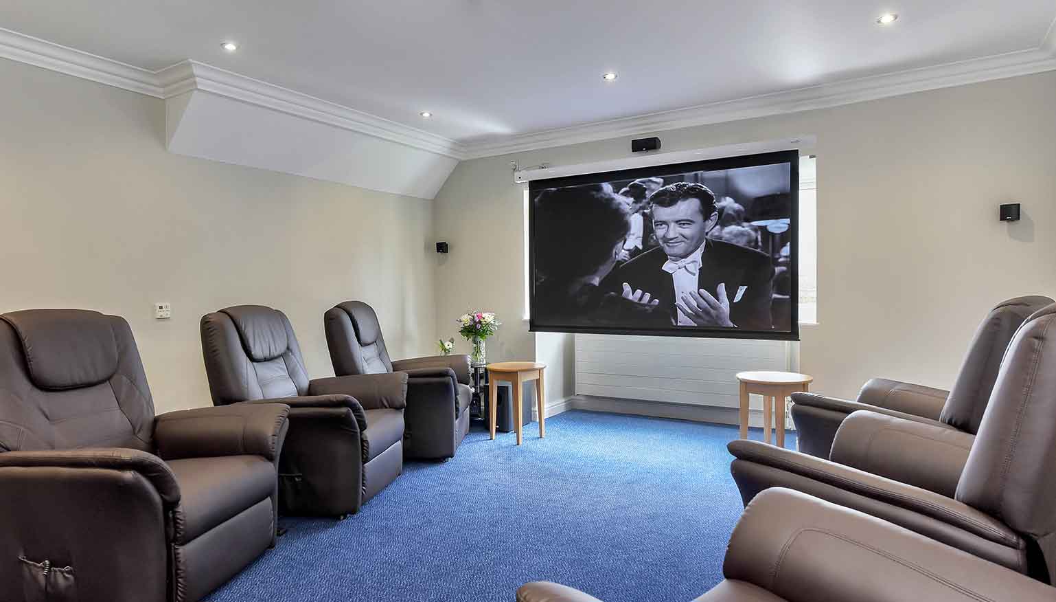 Theatre room with multiple seats facing a large screen displaying a black and white film