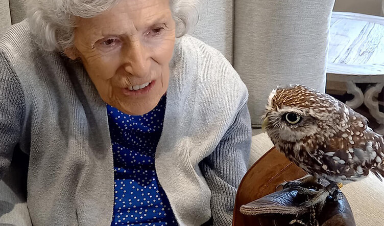 Elderly lady holding a small owl whilst sat in a chair 