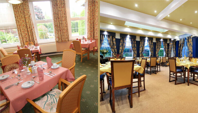 Comparison image showing Dorset House Care Home dining room before and after refurbishment