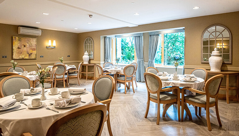 An elegant dining room with set tables, chairs, and a view of trees through large windows.