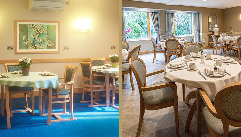 Comparison image showing Gwen Walford Care Home dining room before and after refurbishment