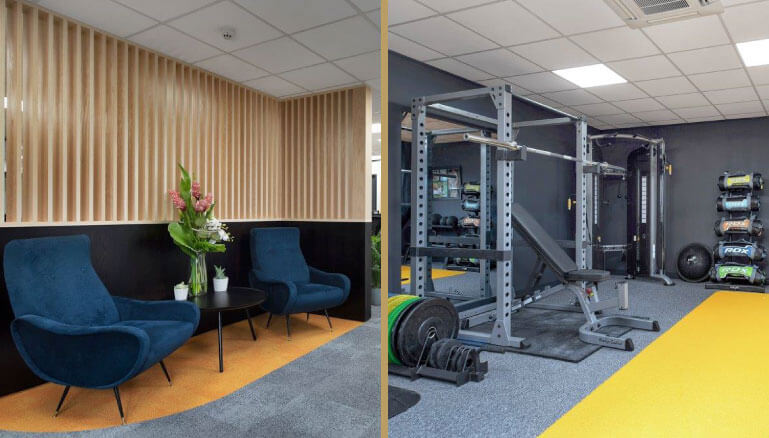 Two images showing the refurbished reception and gym area at the Home Support Centre