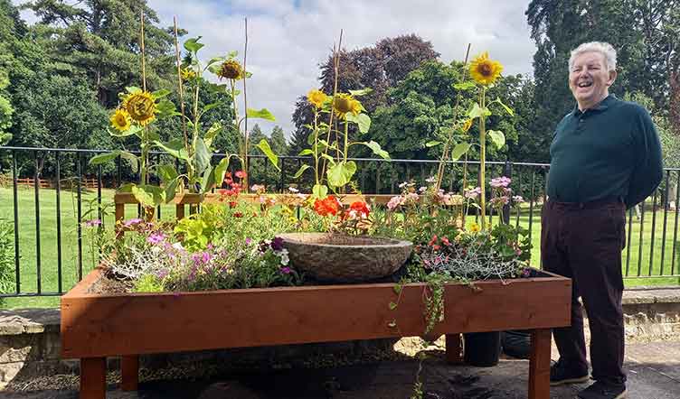 Elderly man standing next to a wooden planter box filled with vibrant sunflowers and plants outside 