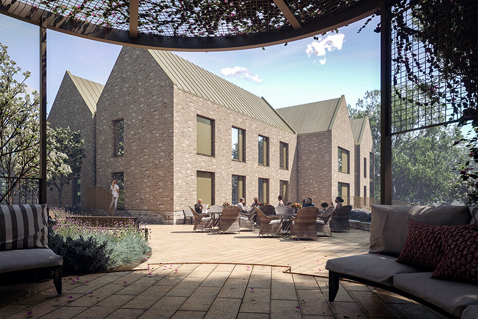 Architectural illustration of a modern care home complex with gabled roofs, featuring an outdoor seating area with people and lush greenery under a pergola