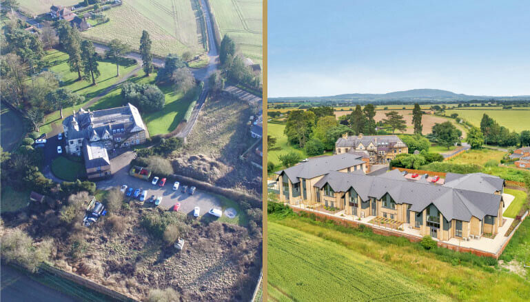 Exterior comparison image showing Roden Hall Care Home building before and after renovations