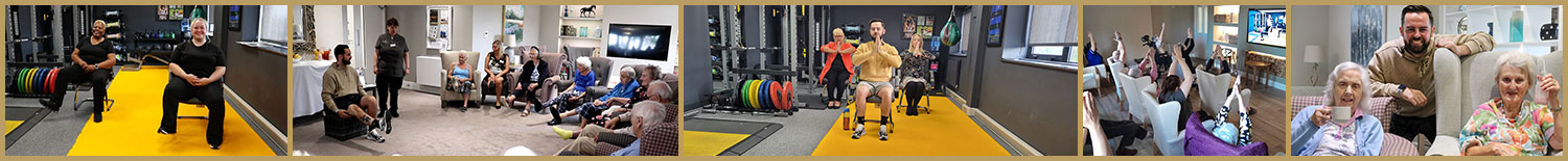 Collage of elderly and young people in exercise sessions.