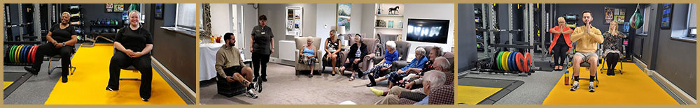 Collage of elderly and young people in exercise sessions.